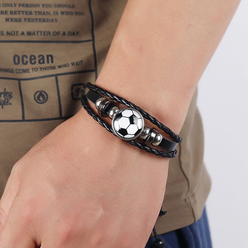 Punk Basketball Volleyball Glass Stainless Button Bracelet Punk Multi-layer Braided Leather Bracelet Soccer Sports Lovers Gift