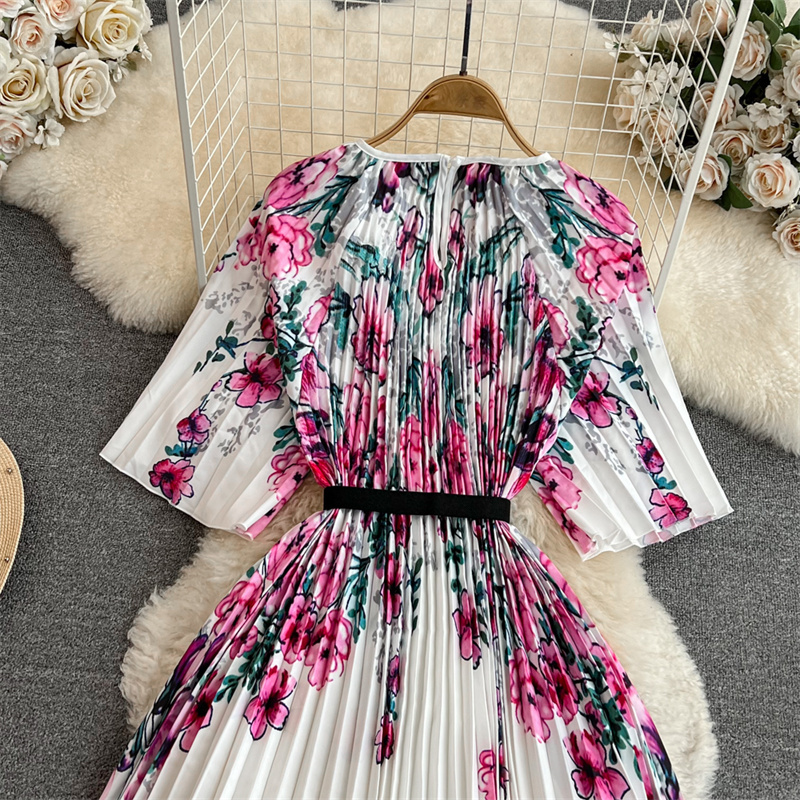 Basic Casual Dresses Mid-Length Flower Print Pleated Dress Women Summer New Fashion Round Neck Half Sleeve With Sashes Ladies Dresses White Vestidos 2024