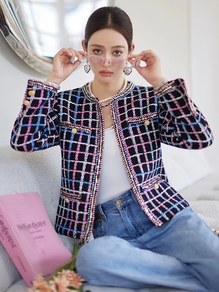Kadın Sweaters Vintage Check Tweed Ceket Sonbahar Yeni Yüksek Kaliteli Kadın Ceket Sizli Trim Uzun Kollu Yün Palto Zarif Çıkış 2024