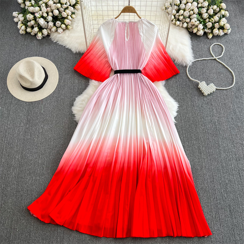 Basic Casual Dresses Summer New Women Fashion Gradient Dress With Sashes Round Neck Half Sleeve Mid-length Ladies Pleated Dress Korean Vestidos Mujer 2024