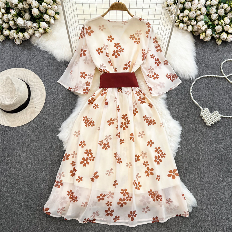 Vestidos casuales básicos de verano para Mujer, vestido Vintage con estampado de flores, cintura con cordones, cuello en V, manga corta, longitud media, vestido acampanado para Mujer, Vestidos elegantes para Mujer 2024