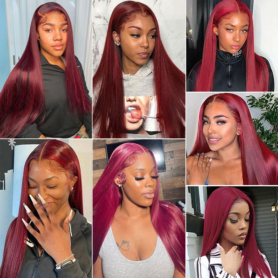 220% Burgundy 13x4 HD Transparent Lace Front Human Hair Wigs 99J Straight Lace Frontal Wig for Women Hd Lace Front Wigs Remy