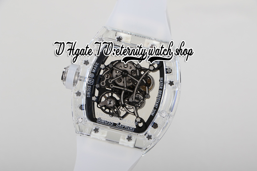RMF AET 055 MENS Titta på RMUL2 Mekanisk handvindning True Balance Spring Crystal Case Skeleton White Dial Transparent Rubber Strap Super Edition Eternity Watches