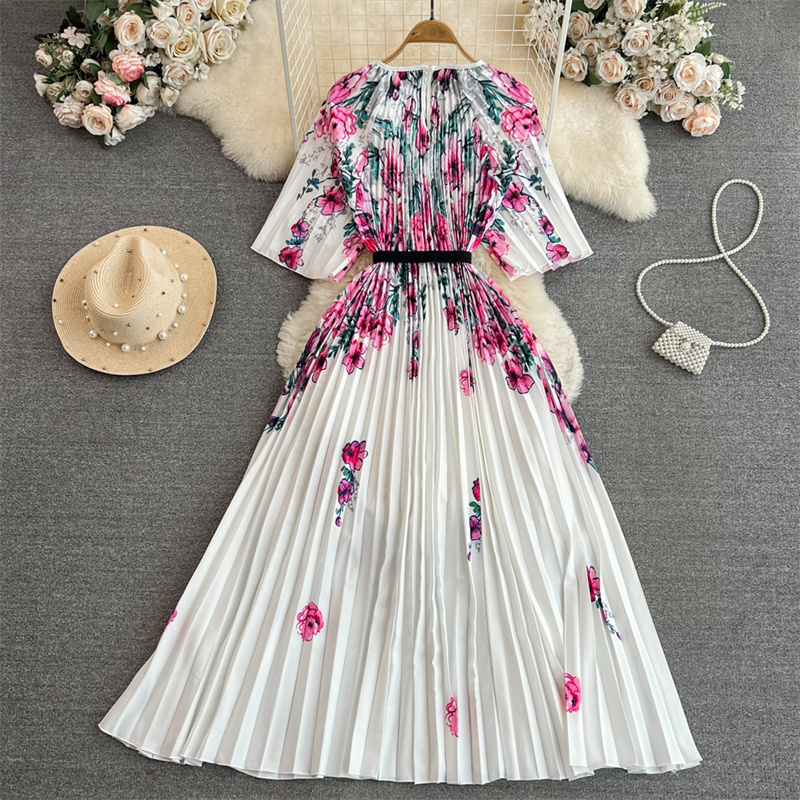 Basic Casual Dresses Mid-Length Flower Print Pleated Dress Women Summer New Fashion Round Neck Half Sleeve With Sashes Ladies Dresses White Vestidos 2024