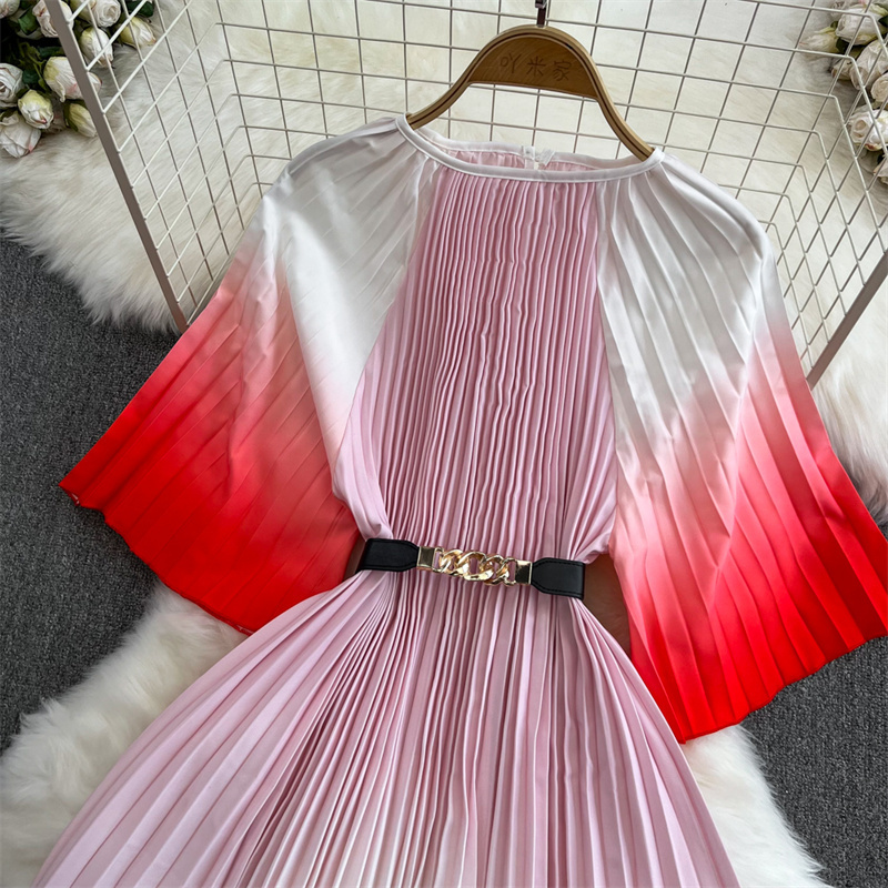 Basic Casual Dresses Summer New Women Fashion Gradient Dress With Sashes Round Neck Half Sleeve Mid-length Ladies Pleated Dress Korean Vestidos Mujer 2024