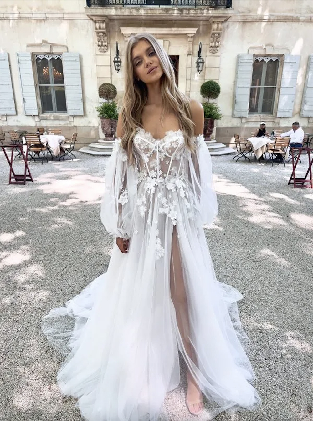 Boho uma linha Vestidos de noiva Apliques de manga fofo de tule designer de casamento vestidos de noiva