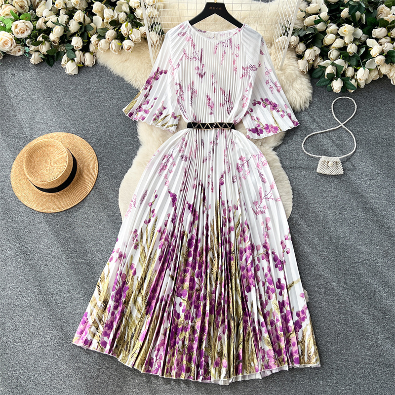 Basic Casual Dresses Elegant Mid-length Pleated Dress With Belt Women Fashion Flower Printing High Waist O-neck Half Sleeve Summer Dresses Vestidos 2024