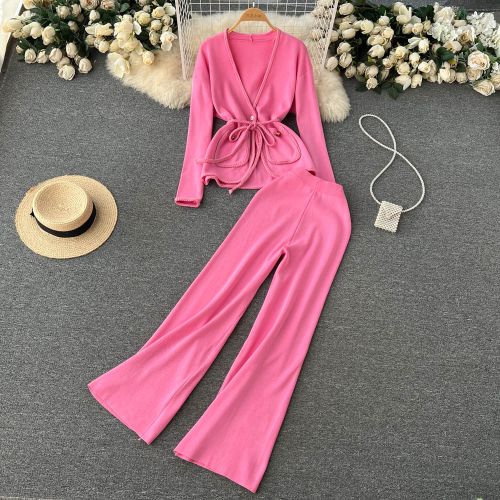 Women's Two Piece Pants Spring Autumn Knitted Suits Women Long Sleeve Sweater and Wide leg Pants Sets Outwear Loose Lace Up Cardigan Outfits Sets 2024