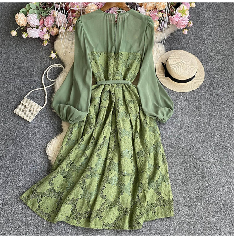 Basis Casual jurken Zomer Women Midden-Length Chiffon Stitching Lace Jurk met vleugels O-Neck Lace-Up Lantern Sleeve Ladies A-Line Dresses Vestidos 2024