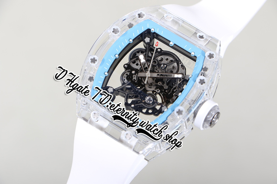 RMF AET 055 Mens Watch RMUL2 Mechanical Hand-winding True Balance Spring Crystal White Case Skeleton Dial Blue inner ring Rubber Strap Super Edition eternity Watches