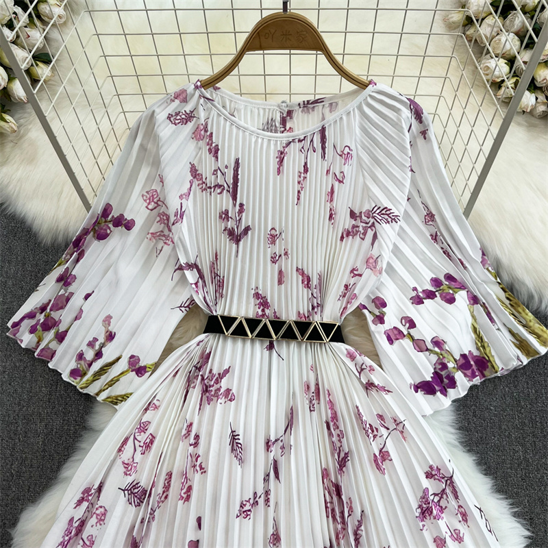 Basic Casual Dresses Summer Summer New Women Mid-Length Pleated Dress With Sashes Round Neck Half Sleeve Elegant Vintage Flower Print Dresses Vestidos 2024