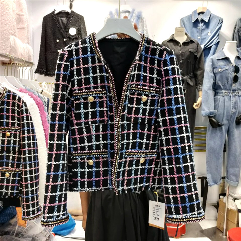 Kvinnors tröjor vintage check tweed jacka hösten ny högkvalitativ kvinnor jacka paljett trim långärmad ullrock elegant outwear 2024