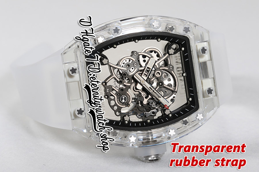 RMF AET 055 MENS Titta på RMUL2 Mekanisk handvindning True Balance Spring Crystal Case Skeleton White Dial Transparent Rubber Strap Super Edition Eternity Watches