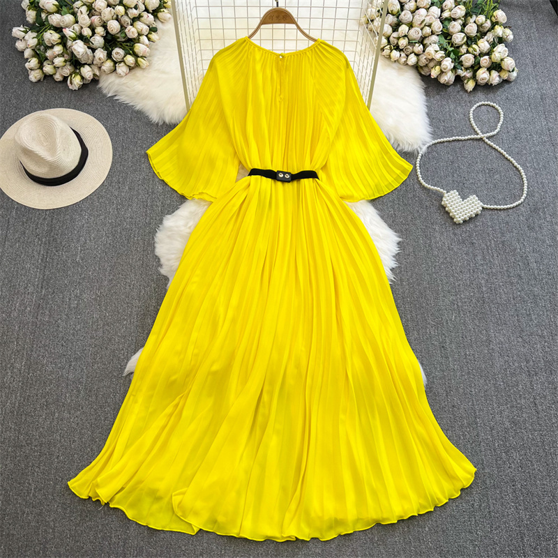 Casual Dresses A-Line Sexy Summer New Women Elegant Mid-length Pleated Dress With Belt Round Neck Half Sleeve Ladies Chiffon Dress255d
