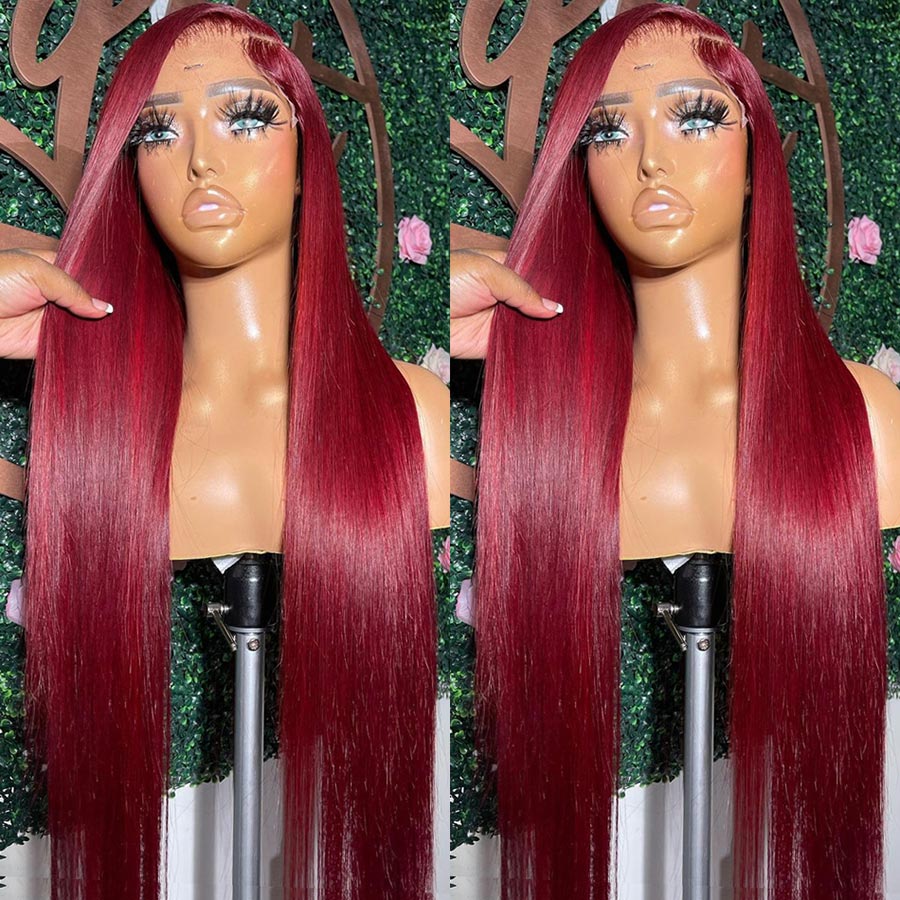 220% Burgundy 13x4 HD Transparent Lace Front Human Hair Wigs 99J Straight Lace Frontal Wig for Women Hd Lace Front Wigs Remy