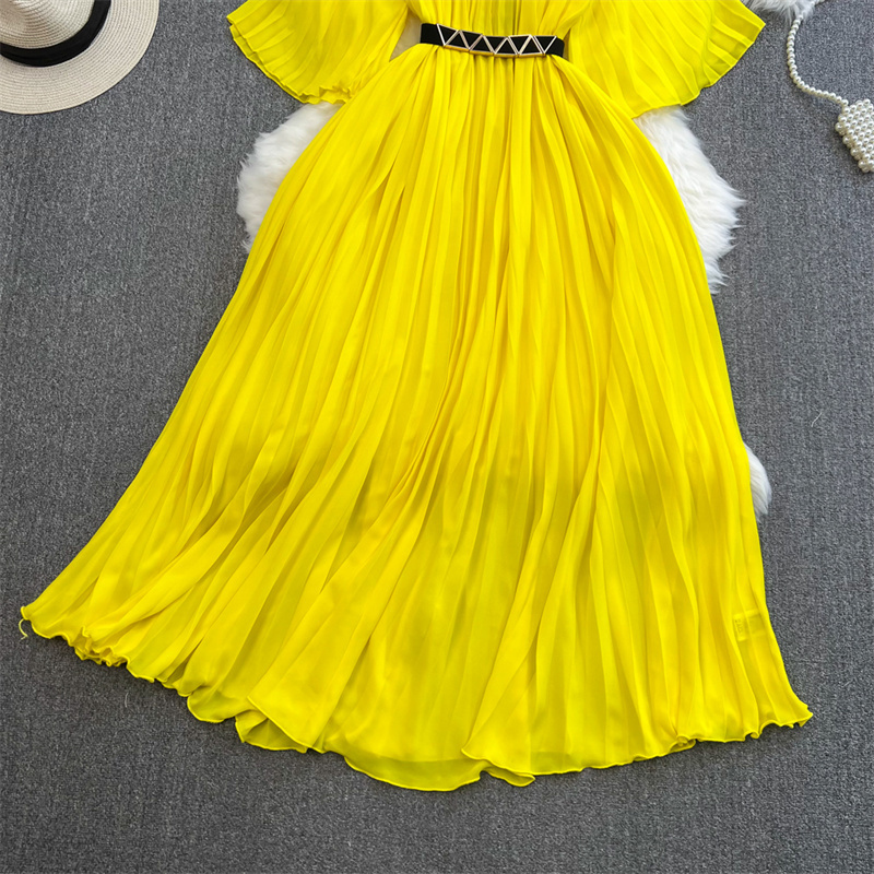 Casual Dresses A-Line Sexy Summer New Women Elegant Mid-length Pleated Dress With Belt Round Neck Half Sleeve Ladies Chiffon Dresses Vestidos White Yellow 2024