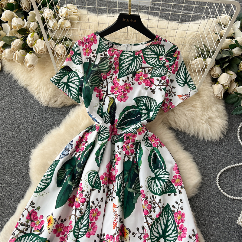 Basis Casual jurken Zomer Koreaanse vrouwen Hoge taille Middenlengte Vintage Floral Printed Dress Round Round Neck korte mouw A-lijn jurken Ladies Vestidos 2024