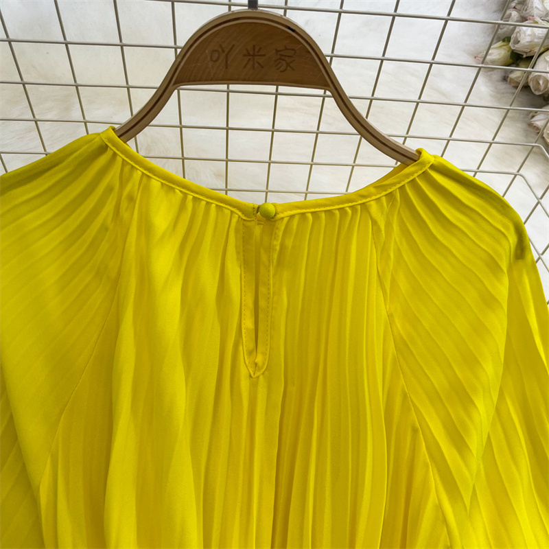 Casual Dresses A-Line Sexy Summer New Women Elegant Mid-length Pleated Dress With Belt Round Neck Half Sleeve Ladies Chiffon Dresses Vestidos White Yellow 2024