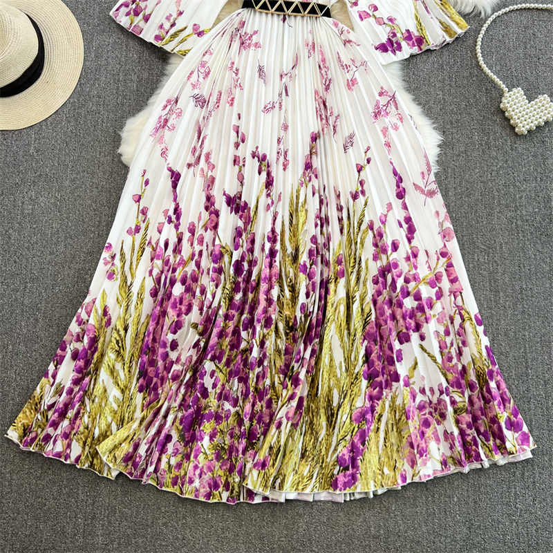 Basic Casual Dresses Summer Summer New Women Mid-Length Pleated Dress With Sashes Round Neck Half Sleeve Elegant Vintage Flower Print Dresses Vestidos 2024