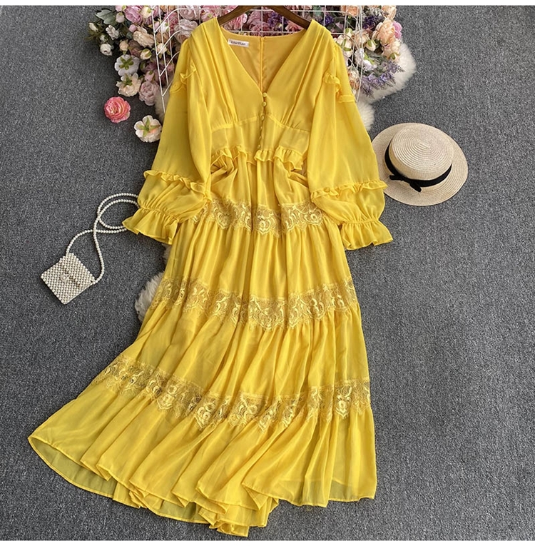 Abiti casual di base Spring Women Women Solid Color Lace Ruffles Cucioni lunghe abiti a maniche lunghe a V-Neck Long Wash Ladies Elegant Vestidos de Mujer 2024