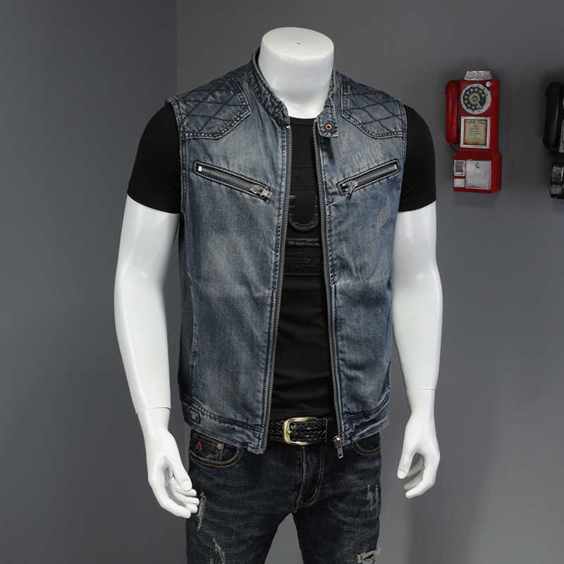 Herrjackor 2023 Nya herrarnas motorcykelcyklist denim Vest Vintage Blue Zippers fickor ärmlösa jackor punk cowboy mode wasitcoat väst J230821