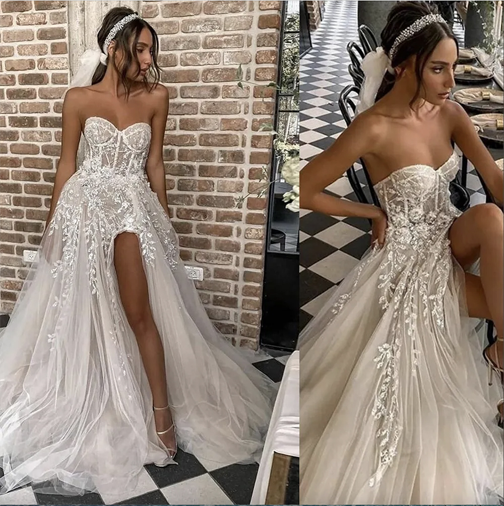 2023 Sexy Beach Boho A Line Wedding Jurken Huwelijk Bridal Jurys For Bride Elegant Lace Beads Strapless Illusion Sheer Mouwlevess High Side Split Princess Plus Maat