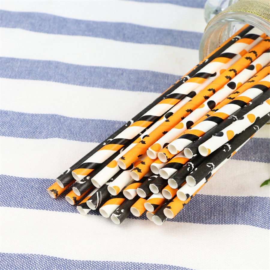 Halloween Paper Straws Pumpkin Bat Pattern Straws Black Orange Disposable Paper Drinking Straws for Halloween Party Holiday Supplies