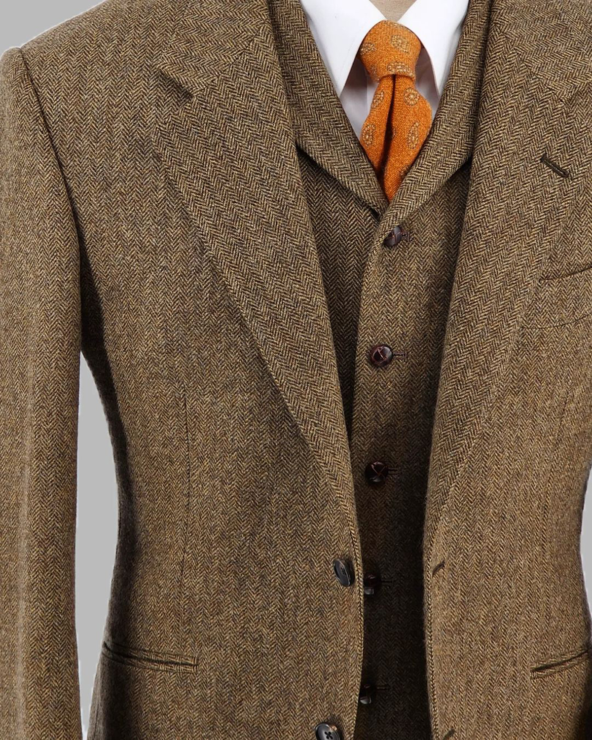 Brown Tweed Men Suits For Wedding Custom Made Groom Wear Notched Lapel Slim Fit Tuxedos Business Jacket Pants Vest