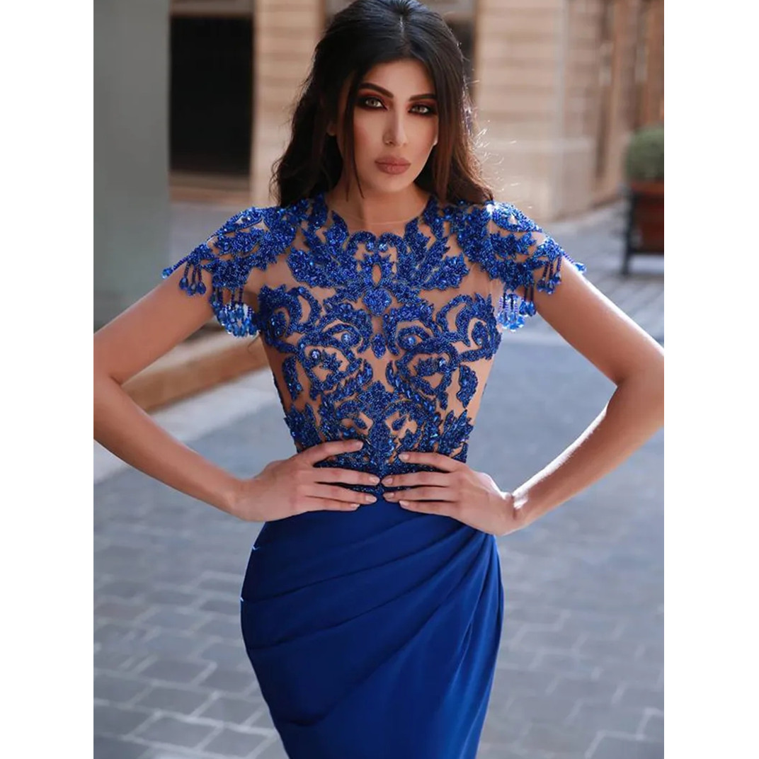 Royal Blue Mermaid Evening Gowns saudi arabia Cap Sleeve Evening dress Crystal Robe de Soiree Prom Party Gowns