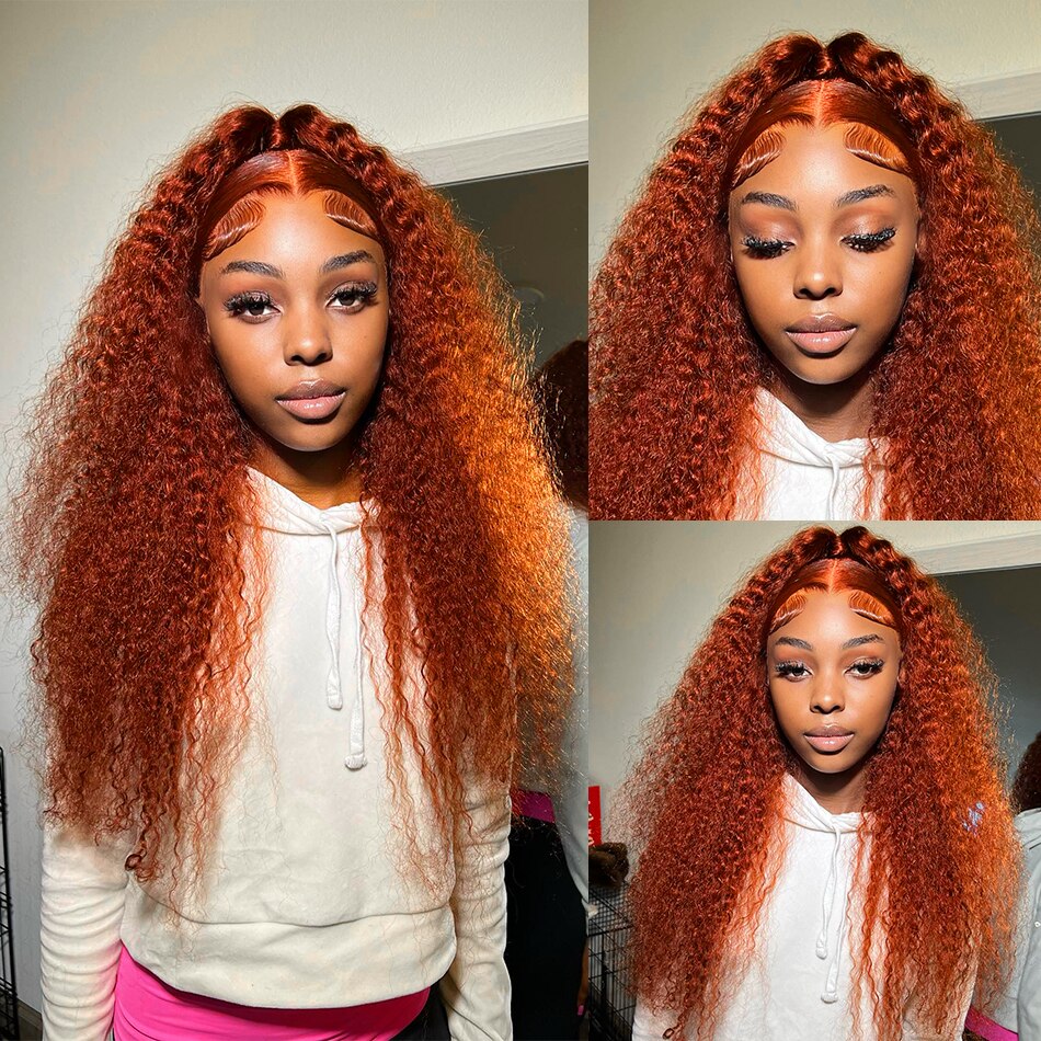 220%density 30 Inch Ginger Orange Loose Curly Transparent Lace Front Human Hair Wig Deep Wave Colored 13x4 Lace Frontal Wigs for Women