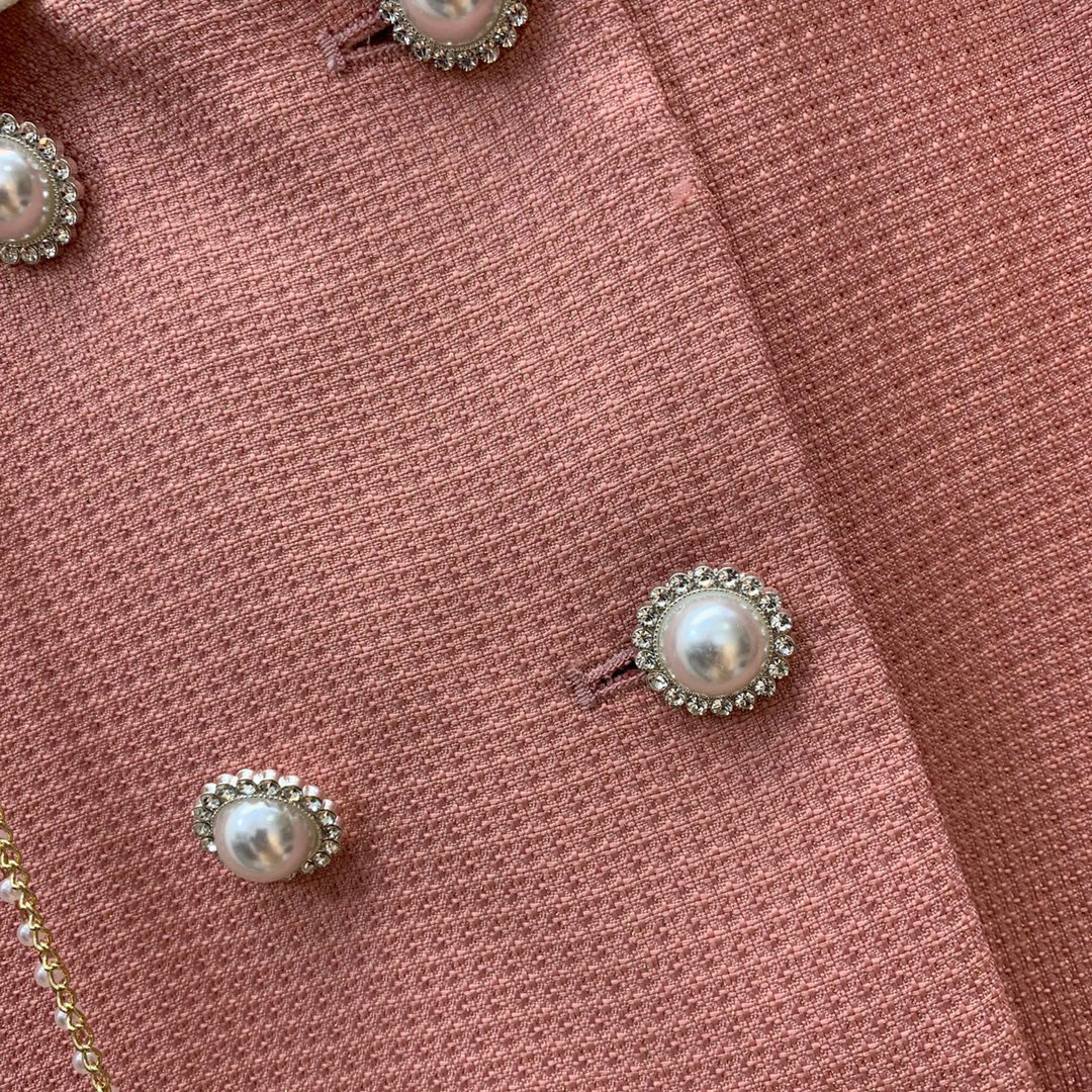 Herfst Roze Broche Tweedelige Jurksets Lange Mouw Revers Hals Double-Breasted Jas Hoge Taille Zeemeermin Halfhoge Rok Pakken Set Tweedelige Pakken B3G212251