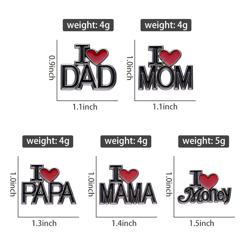 Broches pour femmes hommes j'aime maman papa lettre drôle badge et épingles pour robe tissus sacs décor mignon émail métal bijoux cadeau pour amis en gros