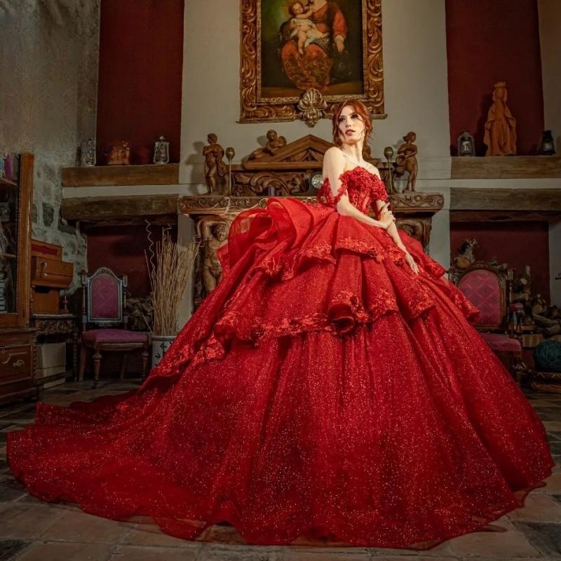 Red Shiny Off The Shoulder Beaded Lace Appliques Quinceanera Dresses For Girl Ball Gown Dress For Sweet 15 16 Sweetheart vestidos