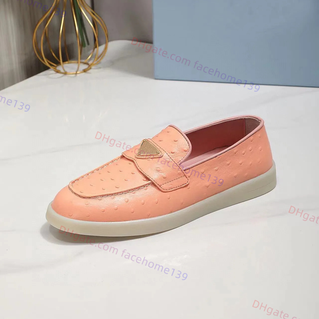 Modeontwerper struisvogel lederen loafers dames kleding schoenen geëmailleerde metalen driehoek luxe echt lederen zacht lederen zomer vrijetijdsfeest flat schoenen maat 35-41