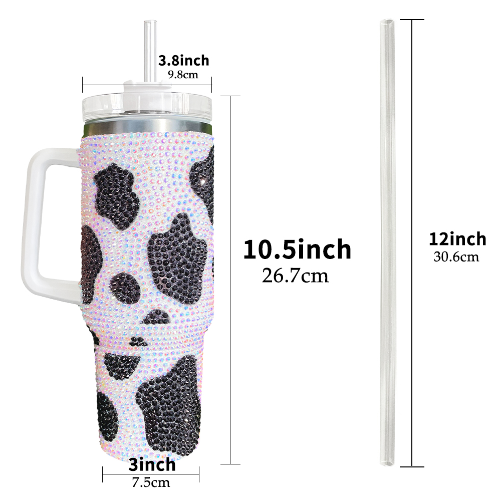 40oz GITD sparkly cow print rhinestone 40oz black brown purple blue rose vacuum insulated full wrap quencher tumbler travel mug with handle lid and straw