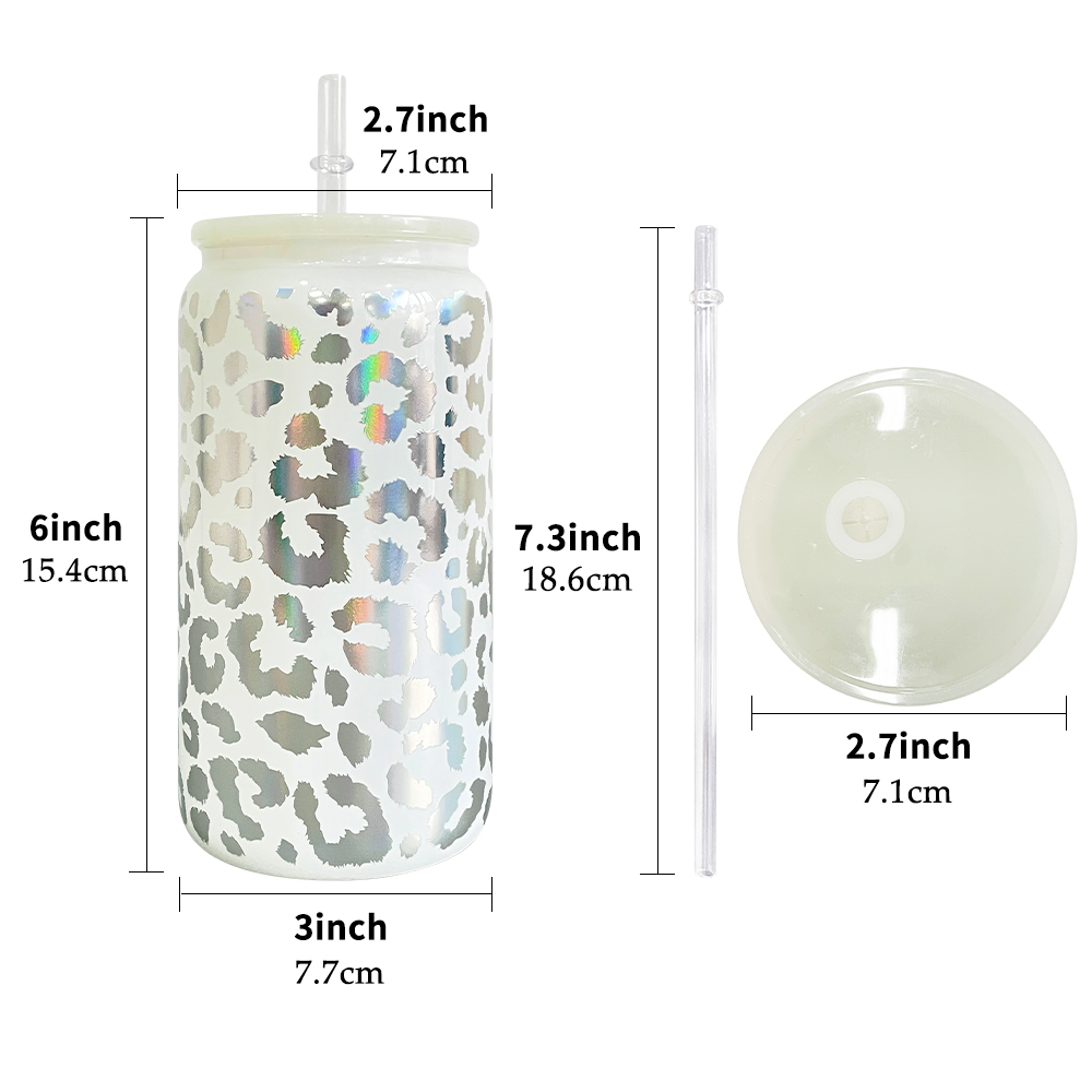 En gros en vrac réutilisable irisé holographique léopard guépard imprimé borosilicate 16oz peut tasse de bière en verre avec couvercles en plastique colorés en stock