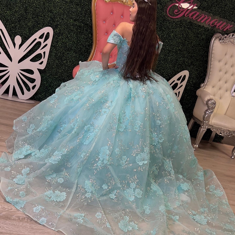 Lago Blue Sweetheart Off the Spalla Appliques perline Appliques 3D Flower Quinceanera Dress Principessa Sweet 16 Vestidos De 15 Anos