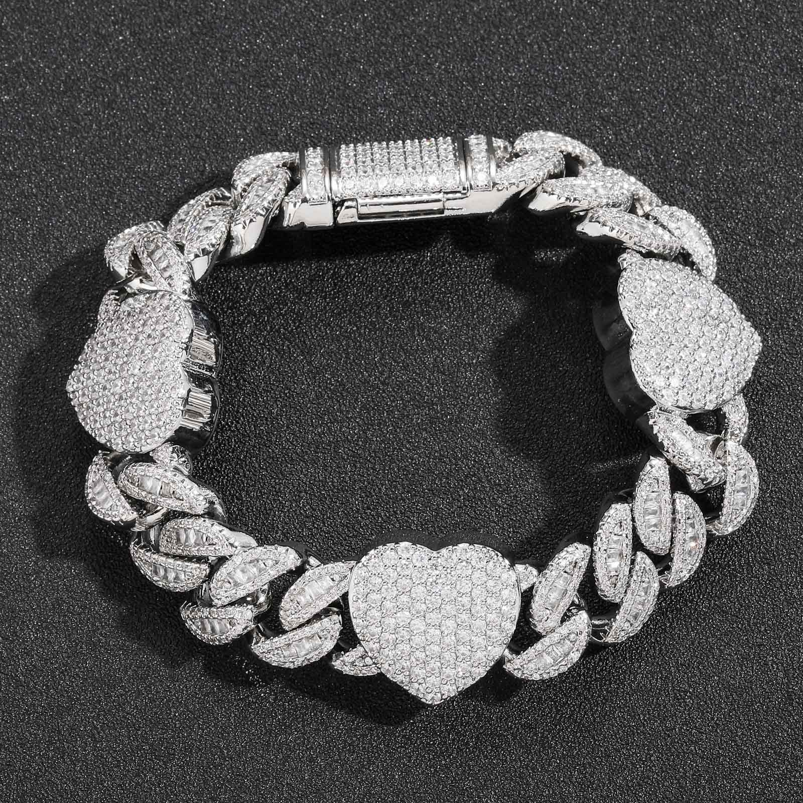 15mm Hip Hop Heart Shape Cuban Link Chain Necklace Bracelet Jewelry Set Bling Full Zircon 18k Real Gold Plated