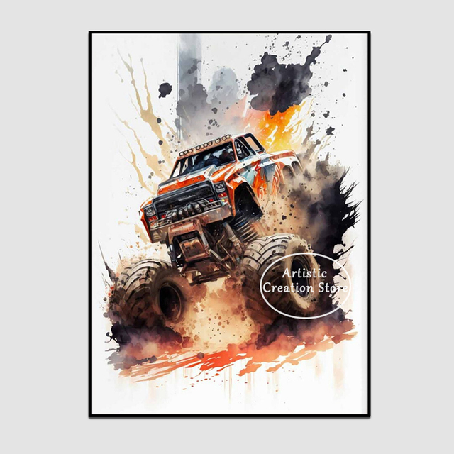 Posters de caminhão monstro em aquarela Off Road Canvas Printuras Impressões de arte de parede para sala de estar Decoração de casa de casa Decoração de casa Presentes sem moldura WO6