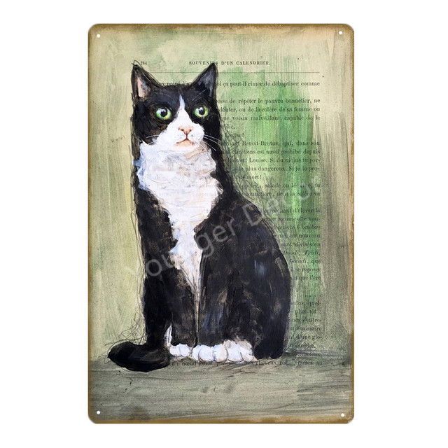 Witte zwarte kat vintage plaque poster schattige huisdier tinnen bord muur hangend metaal voor badkamer woonkamer café man grotecoratie grappige katten metaal schilderen 30x20cm w01