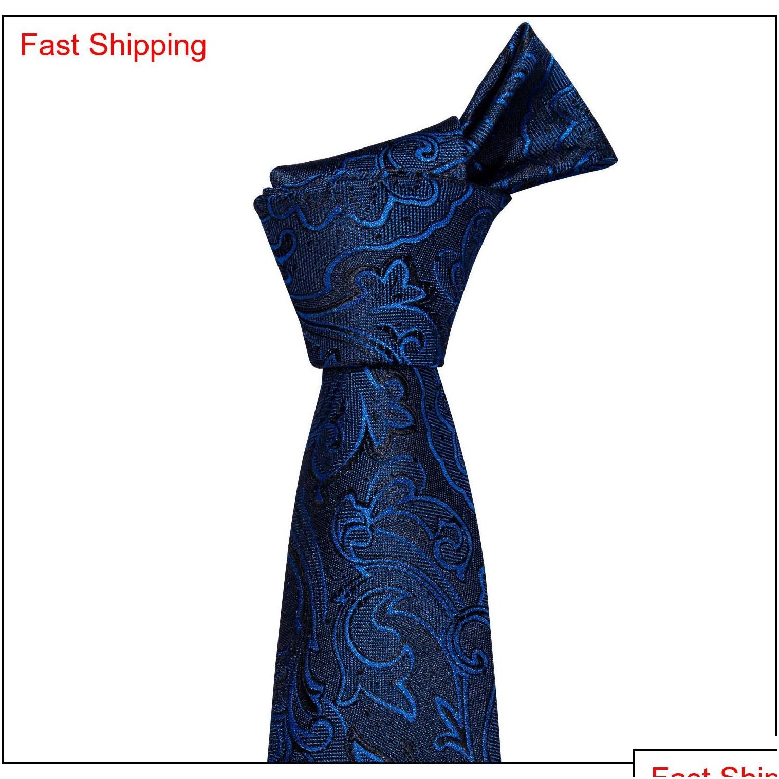 Set di cravatte veloci da uomo cravatte 100% seta designer moda blu navy floreale set di gemelli Hanky la festa di nozze formale sposo Drop De Otepb