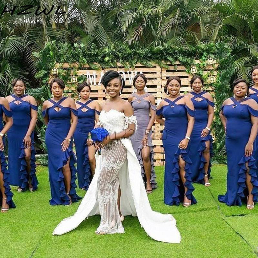 2023 Afrikanische Meerjungfrau Brautjungfer Kleider Seite Split Criss Cross Gures Rüschen plus Größe Mädchen der Ehrenkleid Marine Blue Hochzeit Gastkleider