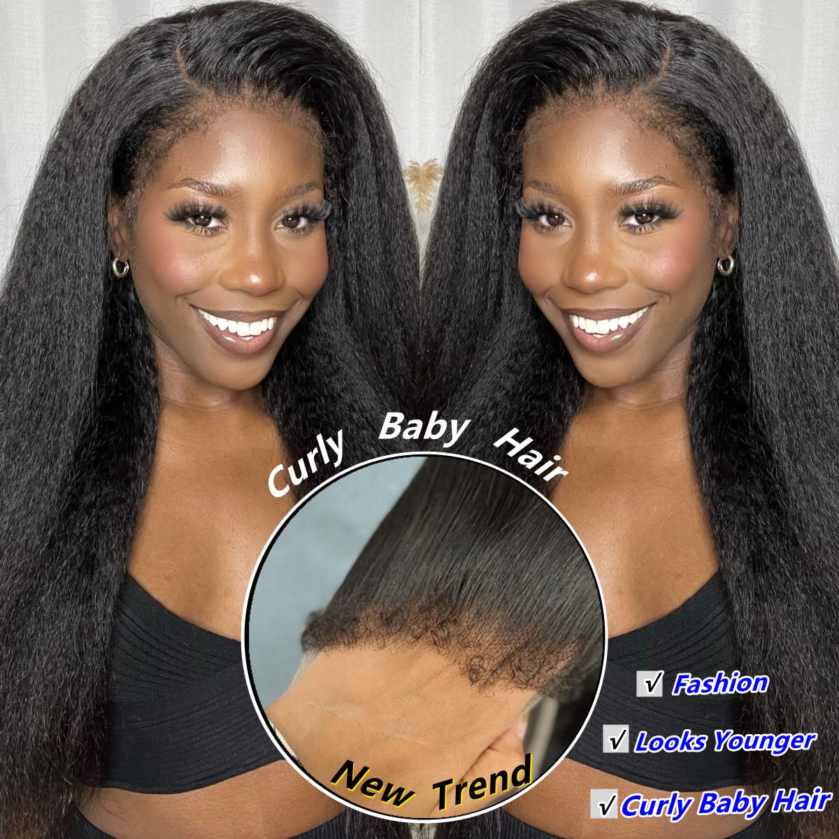 38 40inch Kinky Straight Human Hair Perücke 180% Dichte 13x4 Spitze Frontal Yaki Straight Perücke für Frauen vor dem Baby Haare vorgezogen