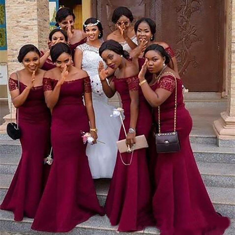 2023 African Girl Dark Red Off the Shoulder Lace Sleeves Mermaid Bridesmaid Dresses Custom Made Satin Maid Of Honor Gowns