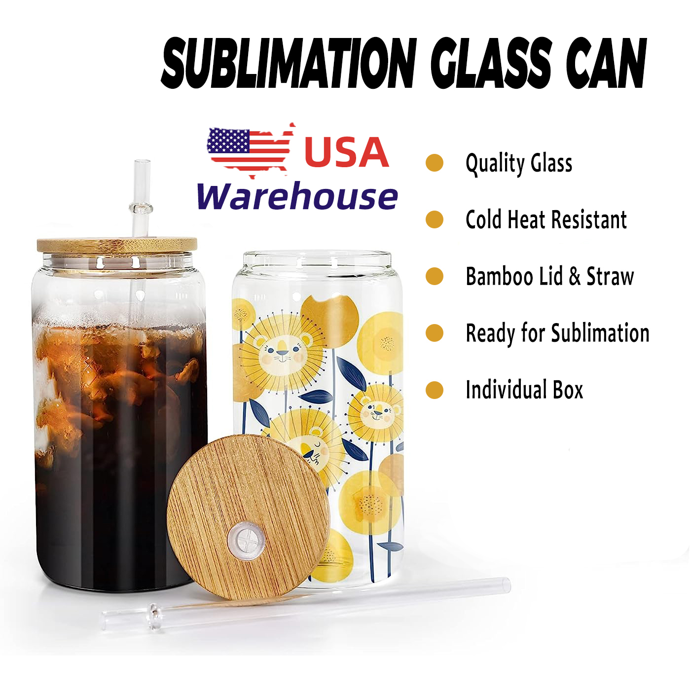 USA CA Warehouse 16 once limpida bere berellante tazza di bicchiere Sublimation Blanks Blanks Can Glass con coperchio di bambù e paglia