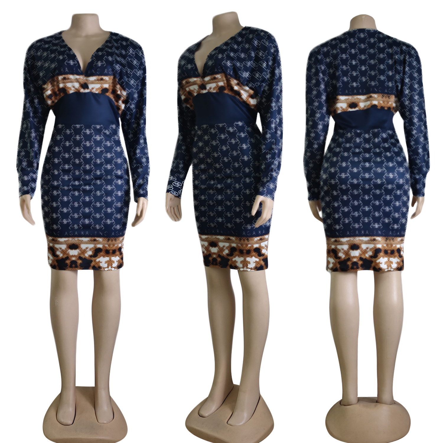女性の高級デザイナーの新しい秋のスリムフィットウエストプリーツディープVセクシードレス