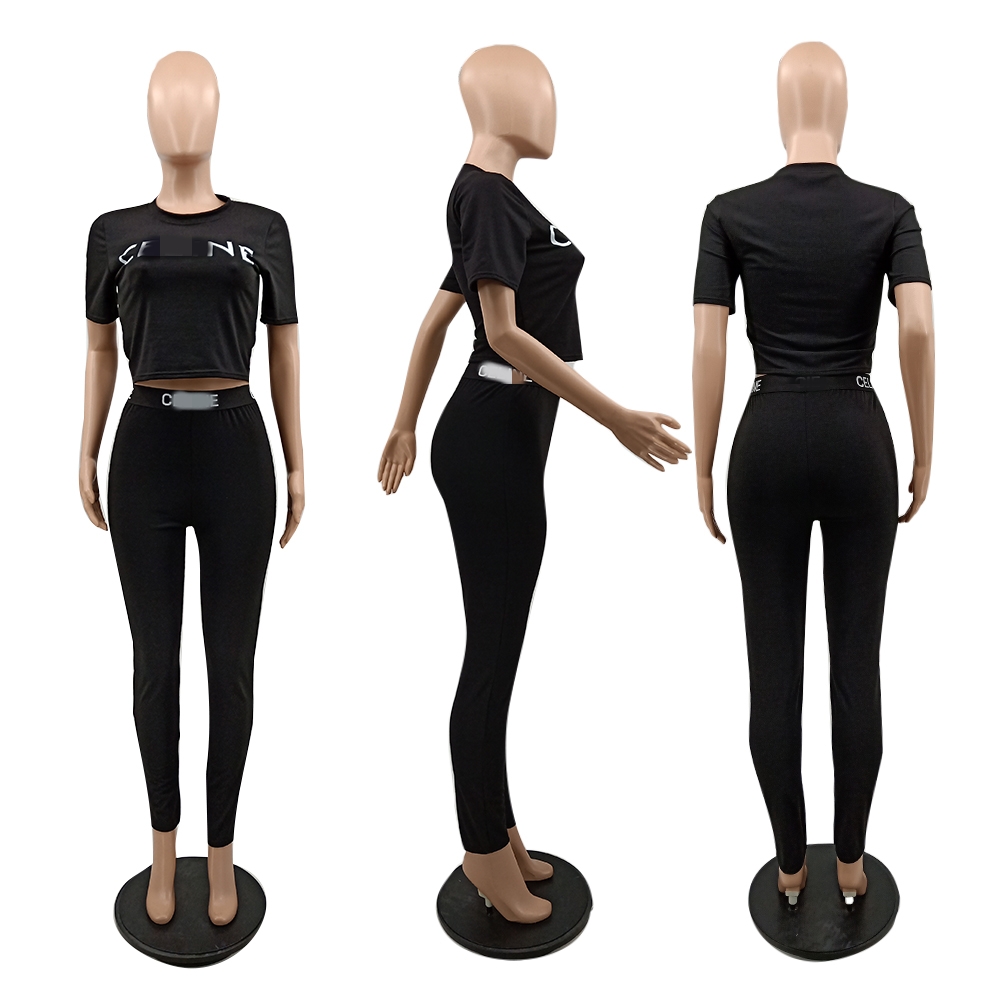 Pantalones deportivos de dos piezas, chándal negro, camiseta ajustada informal para mujer, conjuntos de Top y Legging, envío gratis