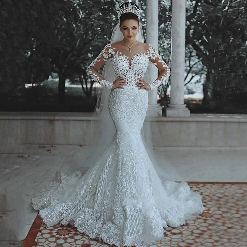 Luxury Dubai Saudi Arabic Lace Mermaid Wedding Dress Sexy Illusion Long Sleeve Bride Dresses Crystals Beads Wedding Gowns