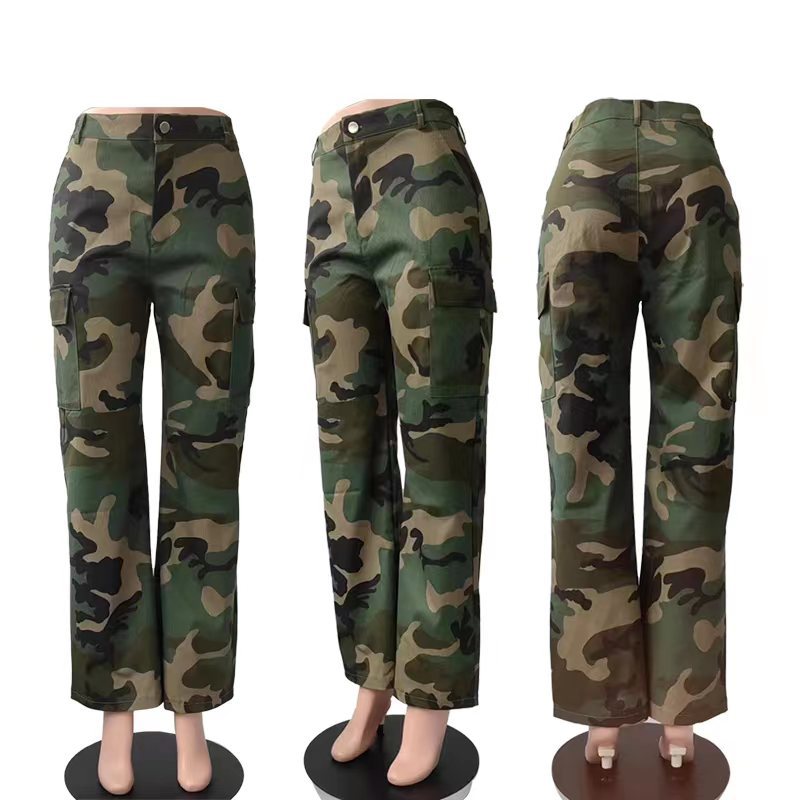 Camouflage Print Cargo Pants Women Casual High Waist Wide Leg Combat Trousers Bottoms Free Ship