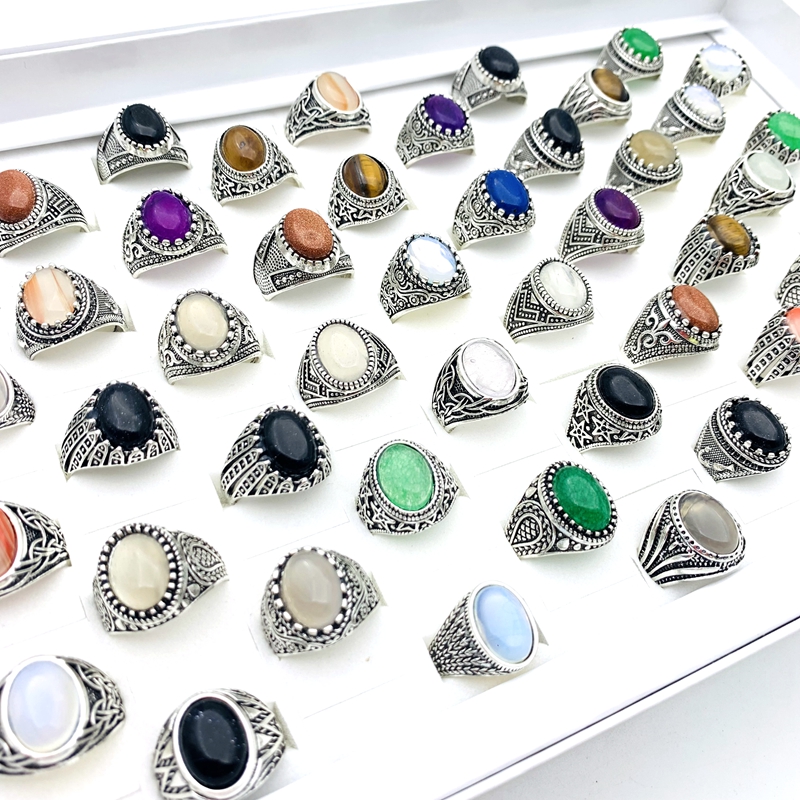 Wholesale Retro Rings For Men Women Silver Plated Natural Stone Fashion Jewelry Accessories With A Display Box